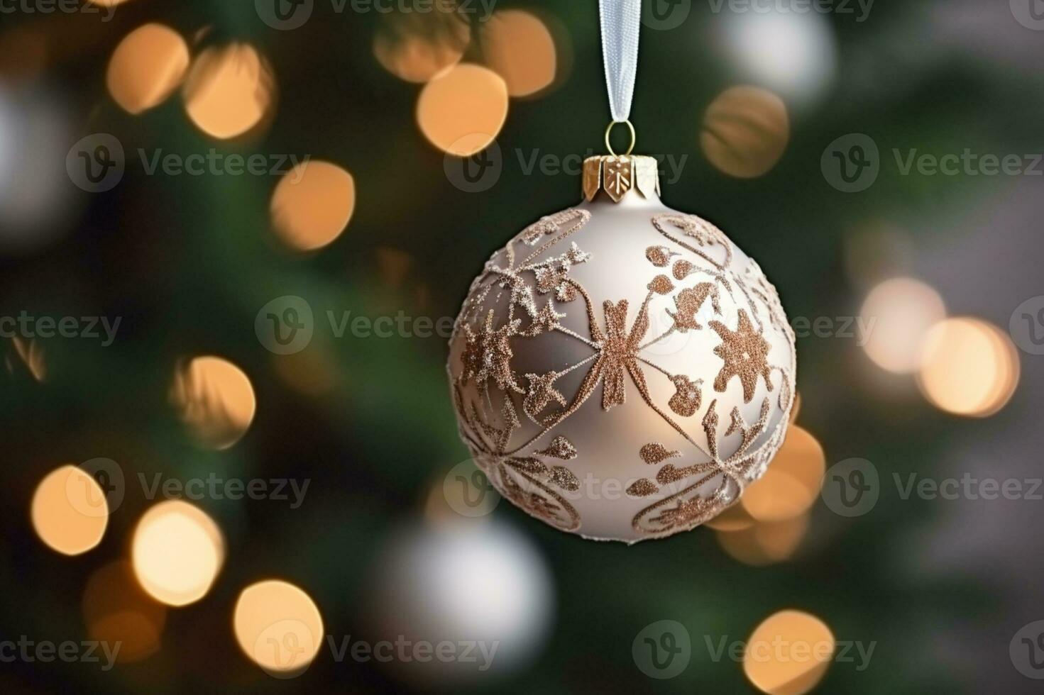 ai generado balbucea colgando en el Navidad árbol bokeh antecedentes foto