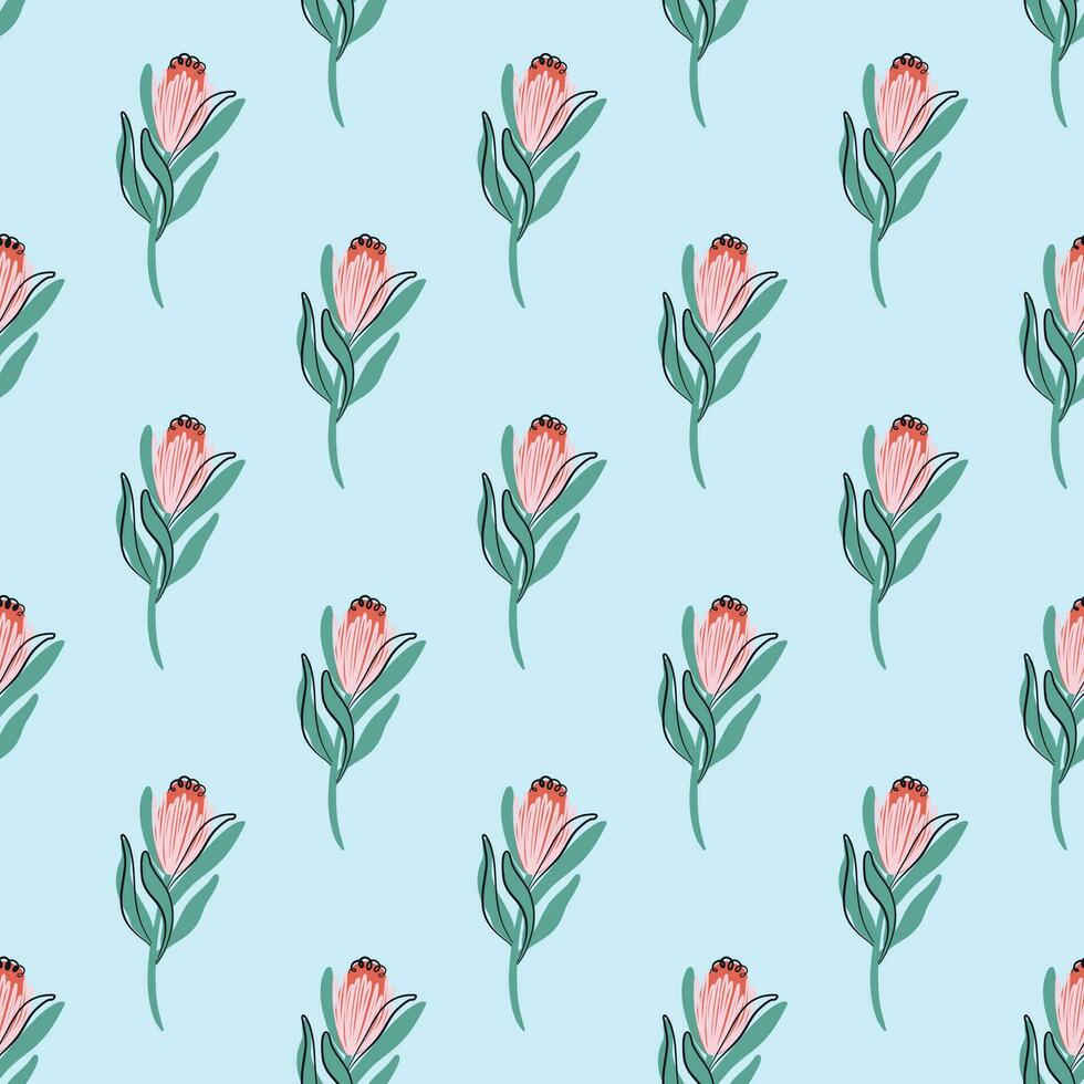 Protea seamless pattern. Minimalistic boho plant background. Exotic flower ornament. South Africa national flower. Hand drawn vector illustration.