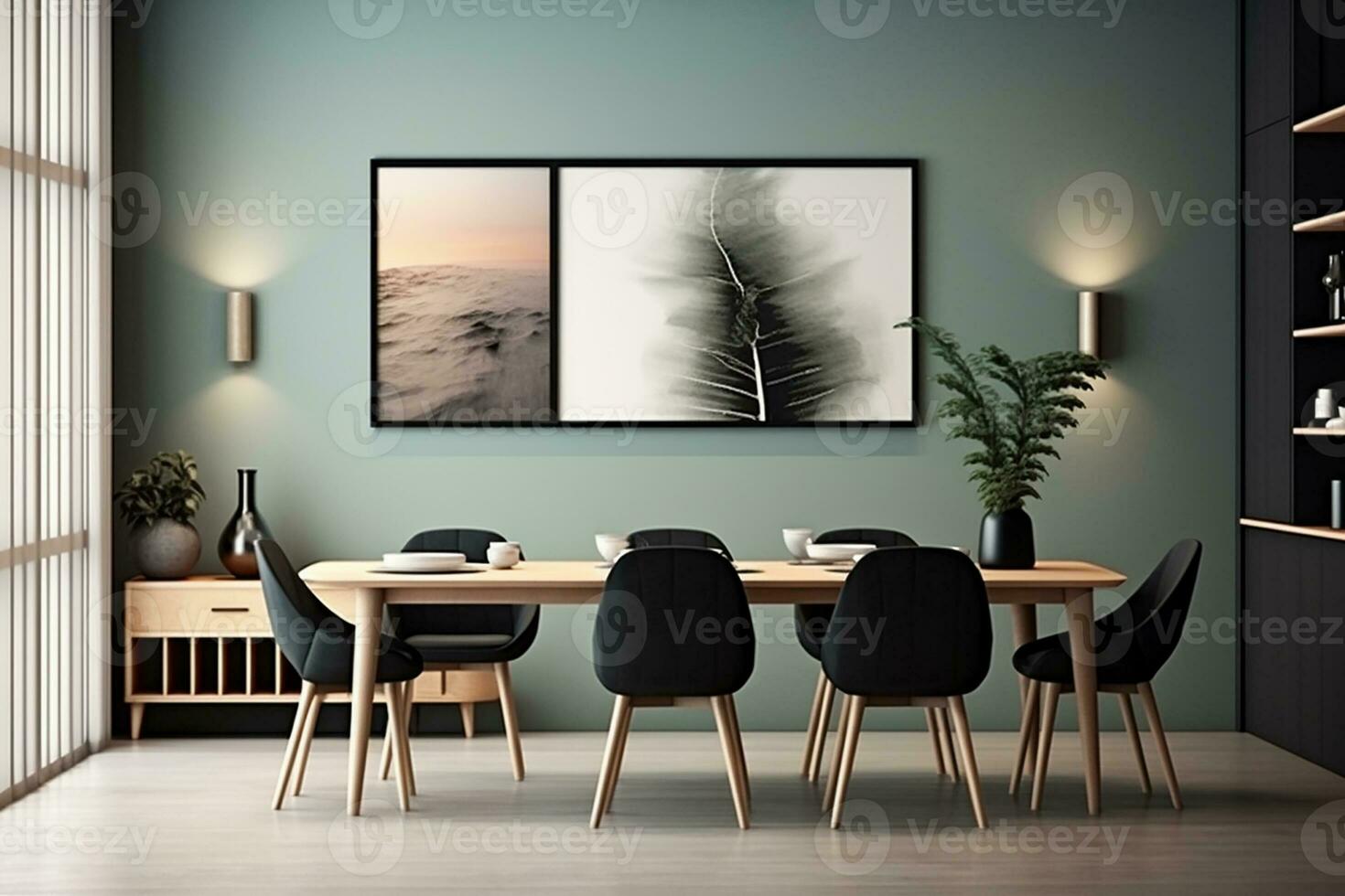 AI generated 3d rendered Minimal style Modern dining room with and interior design with chair and dining table photo