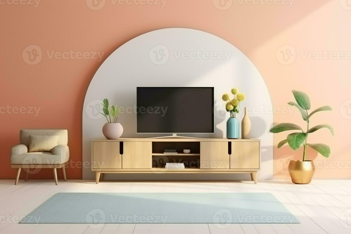 AI generated 3d rendered Minimal style Modern tv led on the cabinet in modern living room on pastel background photo