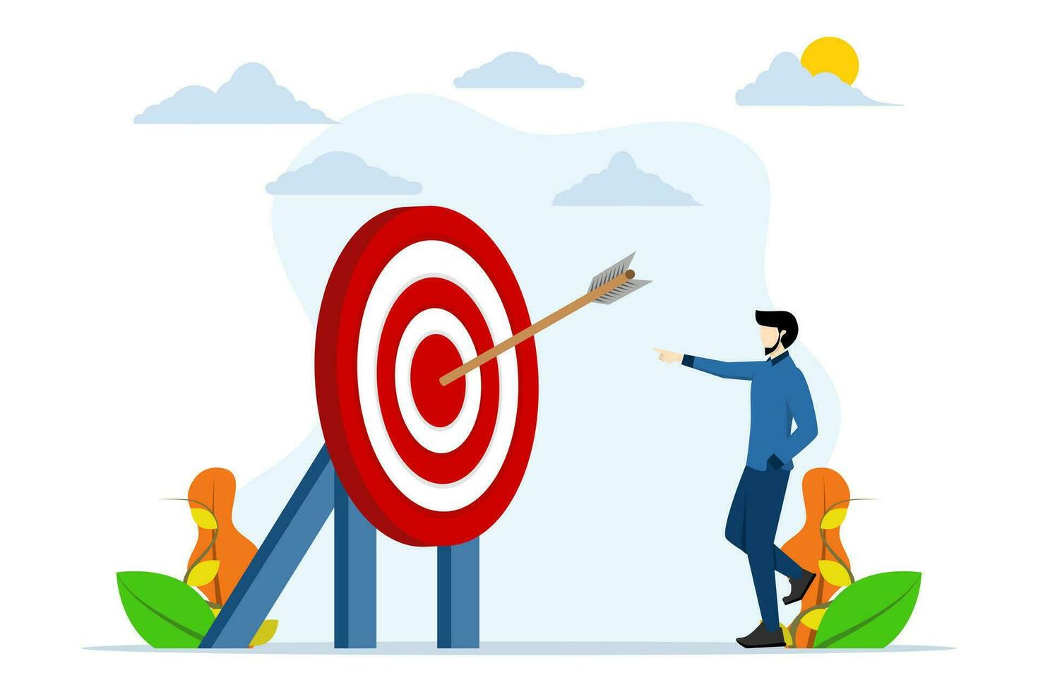 concept of set success goals. Businessman pointing arrow hitting the right target. Successful businessman achieves target. Achieve the target. Flat vector illustration on white background.