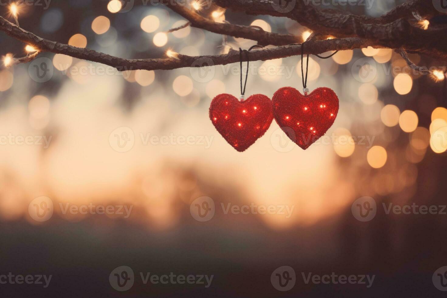 AI generated Valentine day love beautiful hearts hanging on branch of tree photo