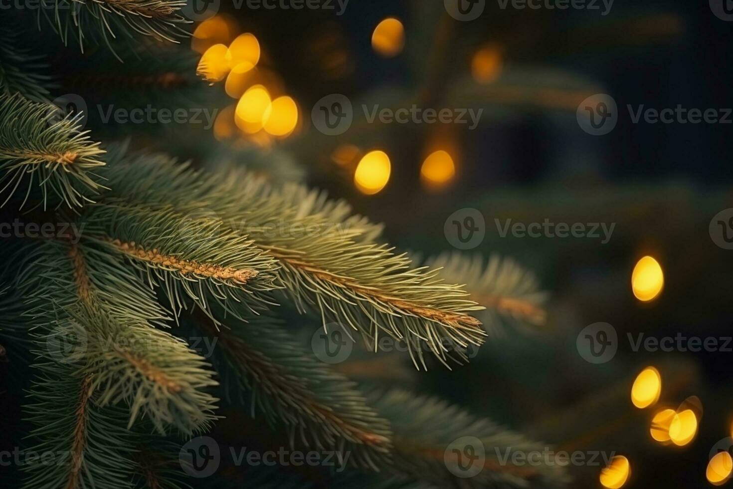 ai generado Navidad abeto árbol rama con cerca arriba decorado por luces foto