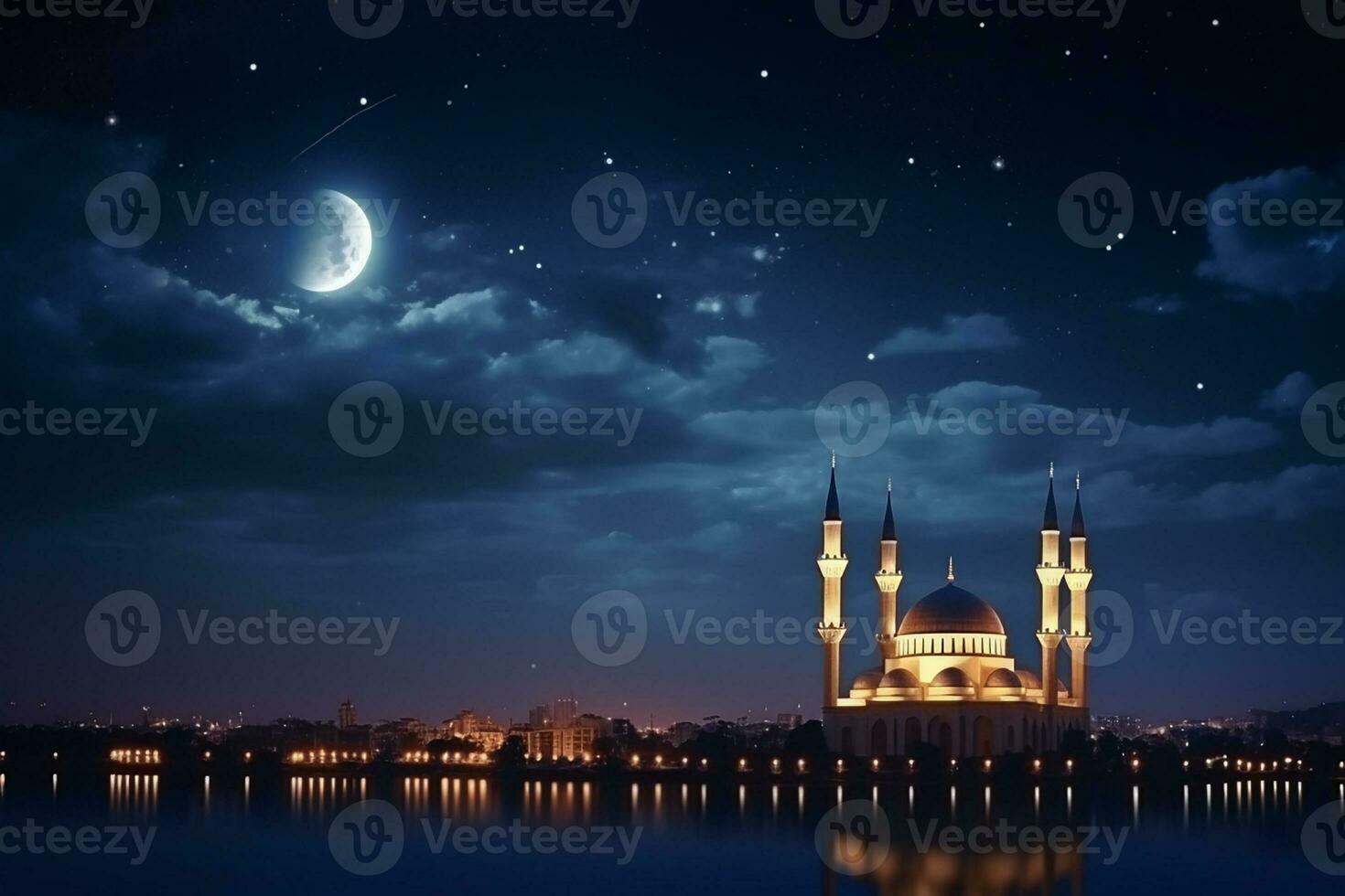 ai generado un mezquita en noche y Luna en antecedentes Ramadán kareem celebracion foto