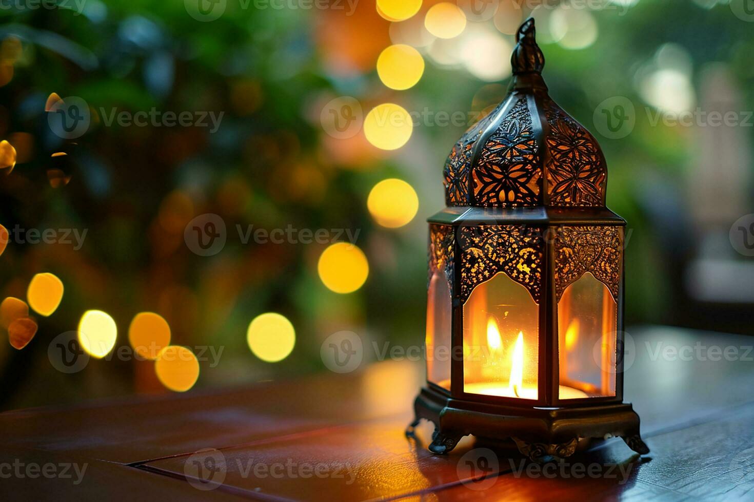AI generated Ornamental Arabic lanterns. Glittering golden bokeh lights on the table photo