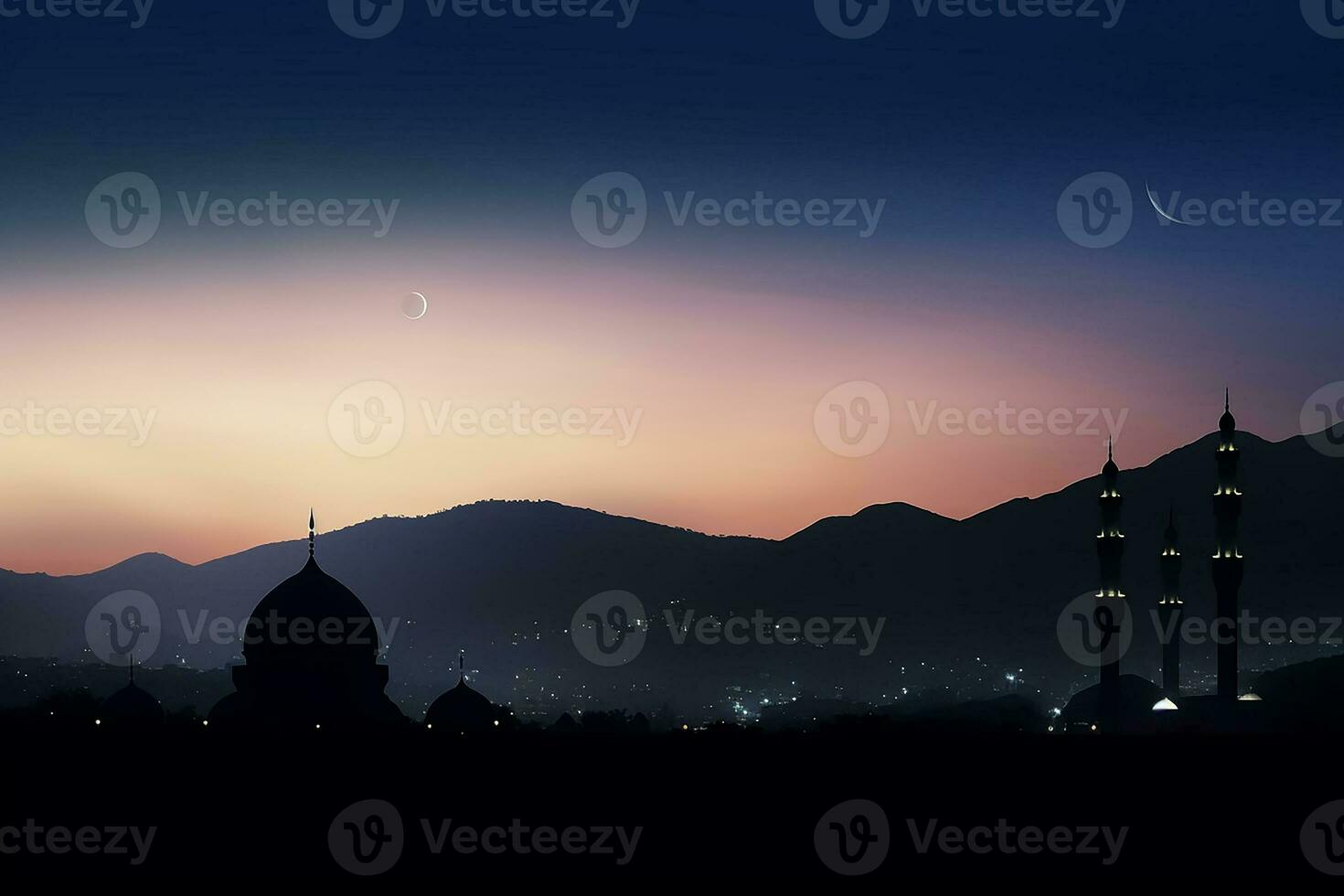 ai generado un mezquita en noche y Luna en antecedentes Ramadán kareem celebracion foto