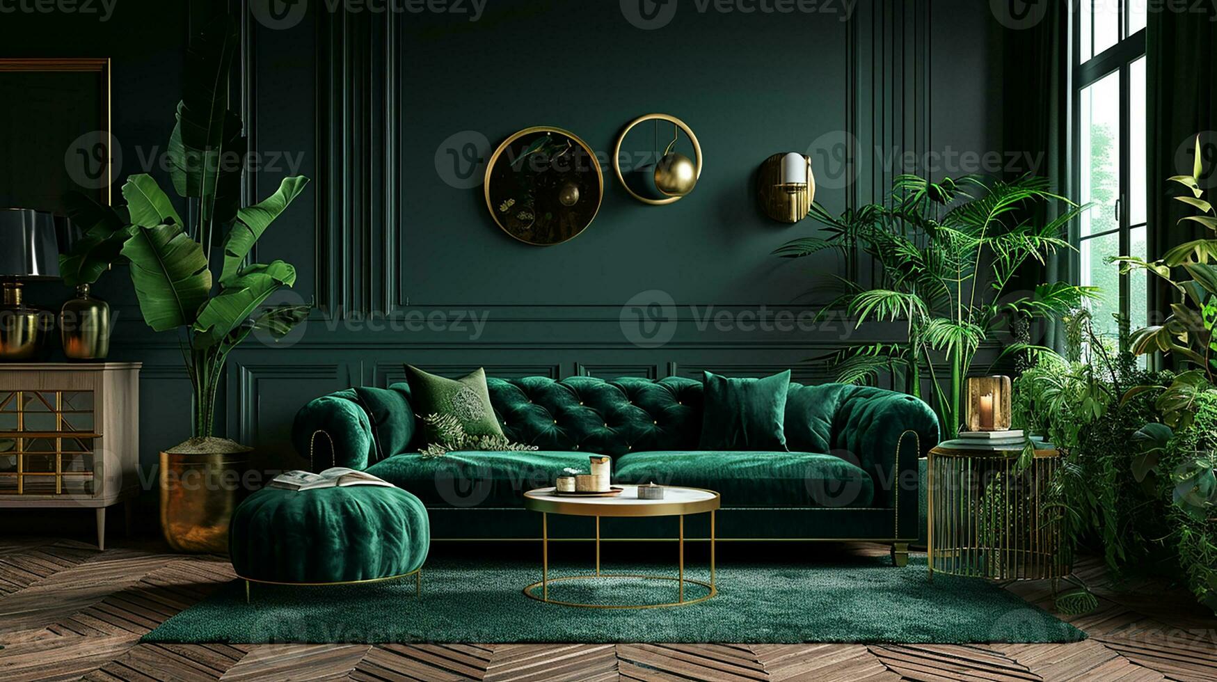 AI generated living room interior design with sofa minimal aesthetic light green velvet 3d rendered photo