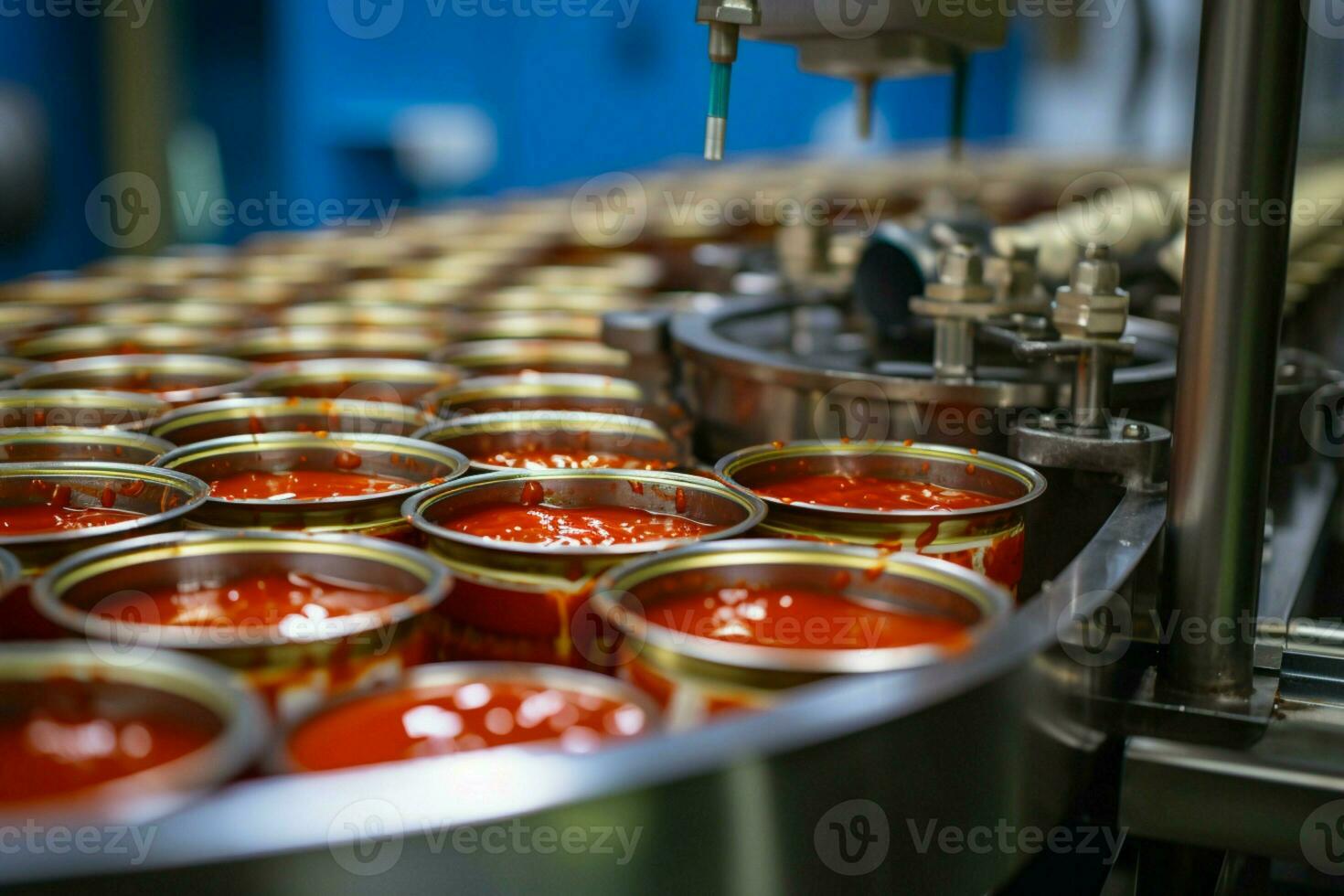 ai generado Enlatado pescado fábrica sardinas en tomate salsa, producción línea escena foto