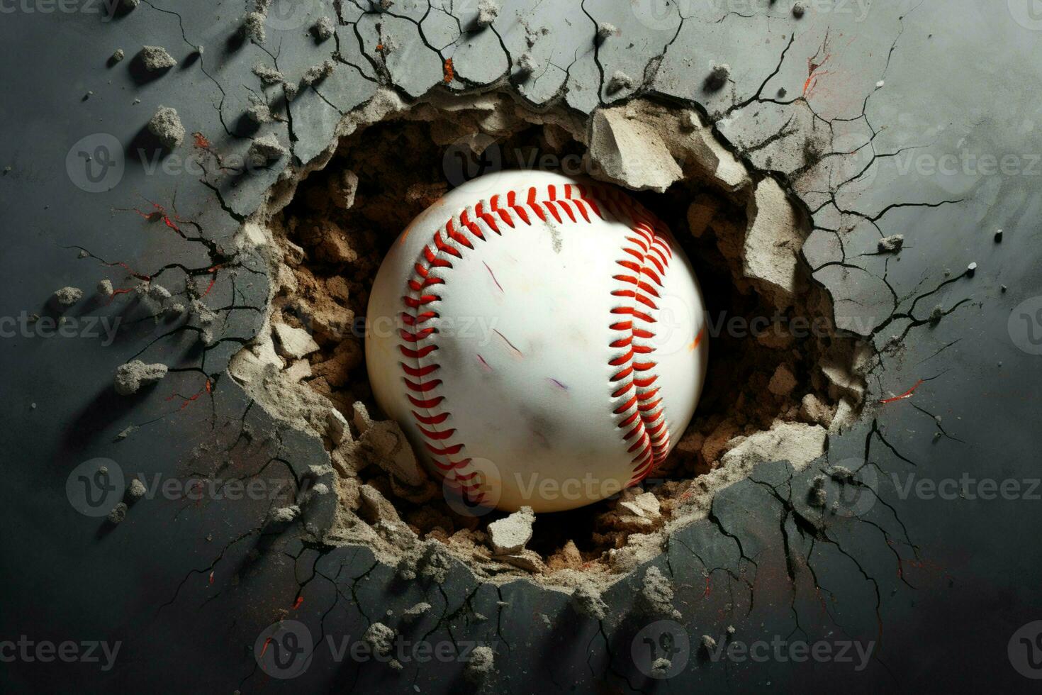 AI generated Impactful baseball scene Ball smashing through a wall with cracks photo