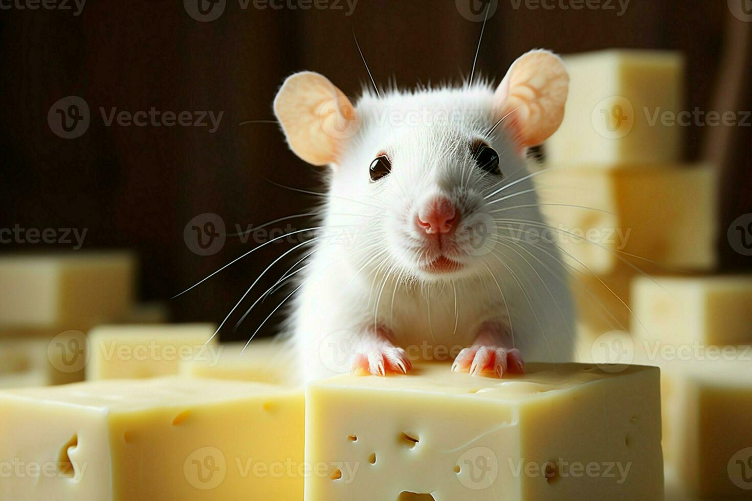 AI generated Sweet temptation White rat poses with cheese, close up copy space photo