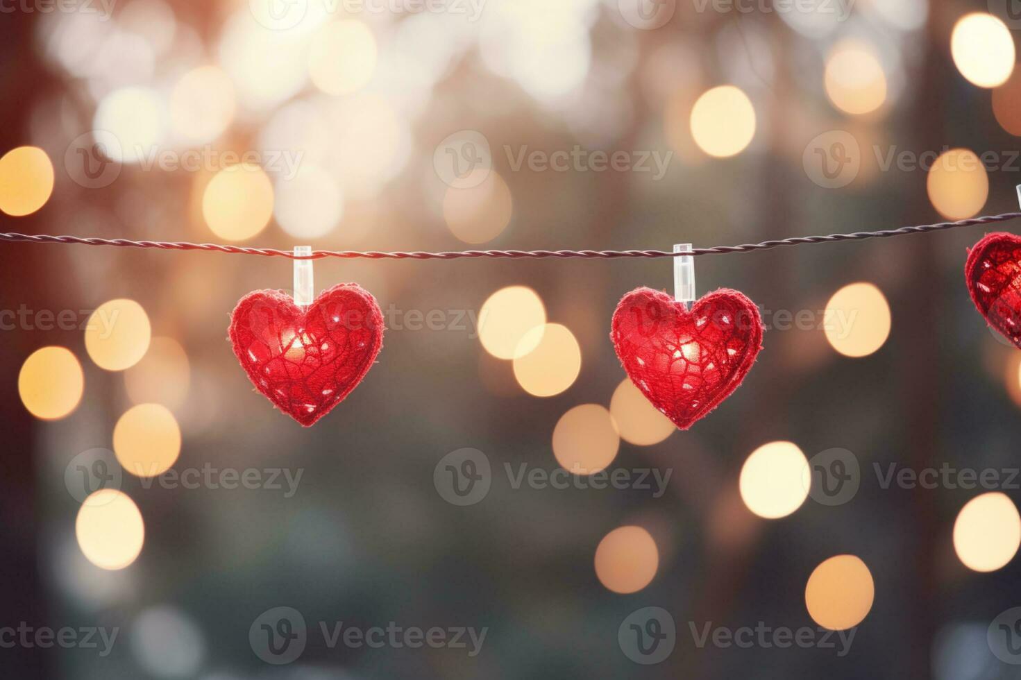 AI generated Valentine day love beautiful hearts hanging on branch of tree photo