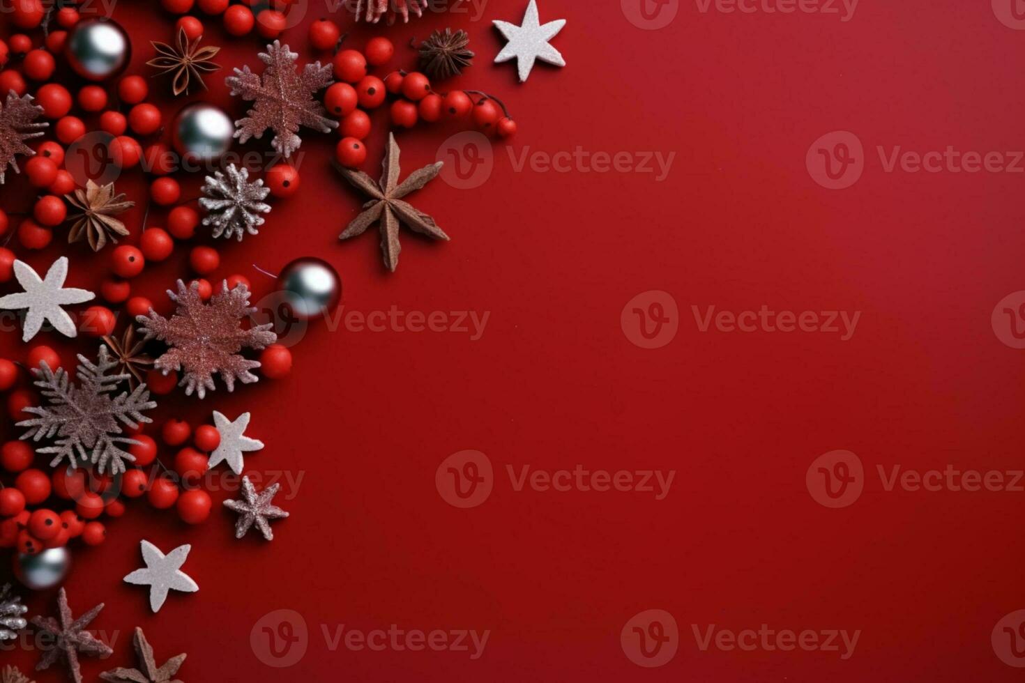 AI generated christmas holidays composition of fir tree branches with baubles and copy space photo