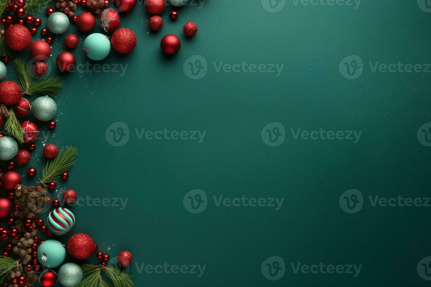 AI generated christmas holidays composition of fir tree branches with baubles copy space photo