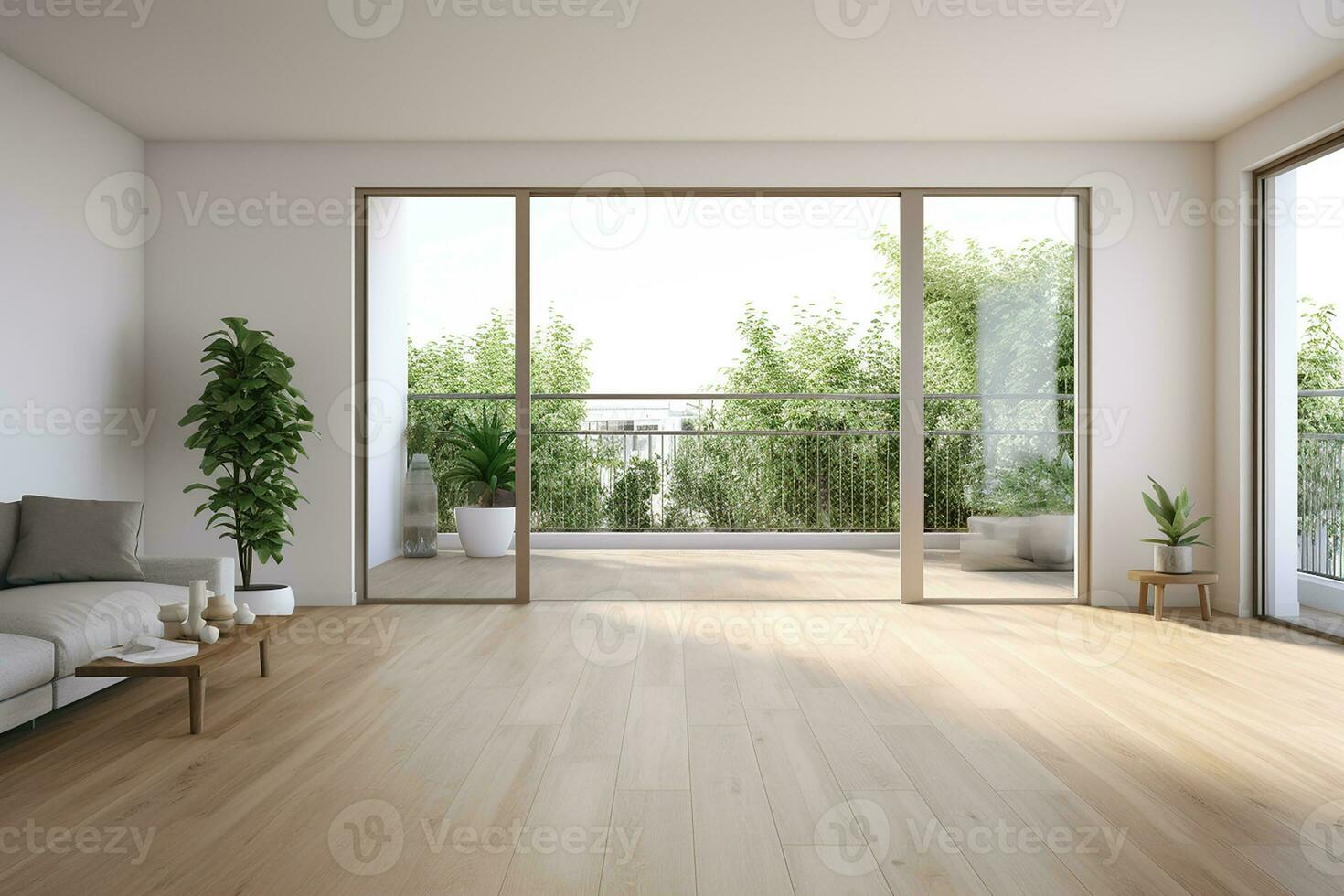 AI generated Empty white room with a wooden floor and plants. minimal with copy space photo