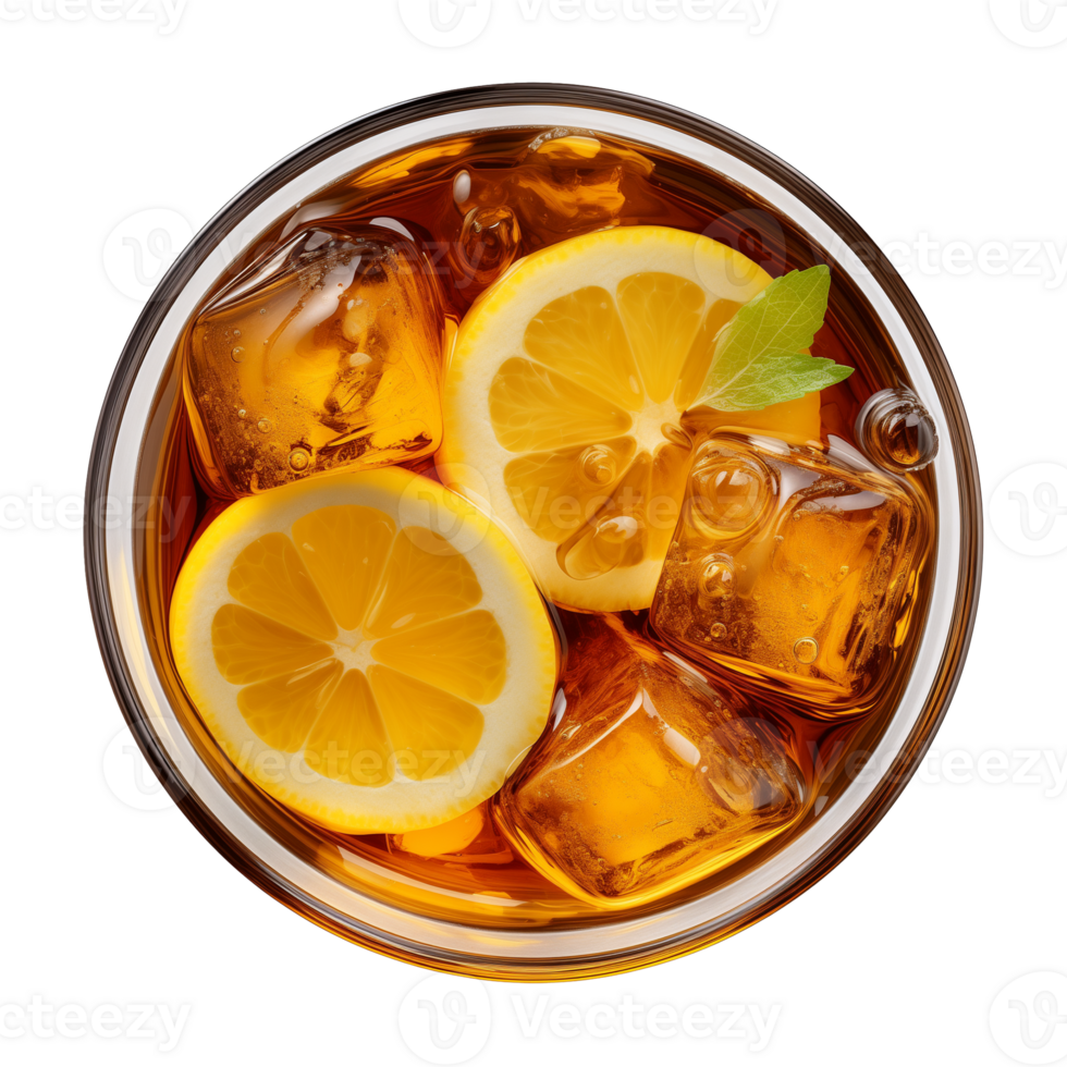 AI generated glass of iced lemon tea isolated on a transparent background, top view png