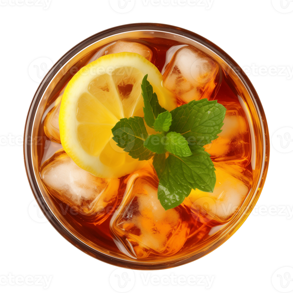 AI generated glass of iced lemon tea isolated on a transparent background, top view png