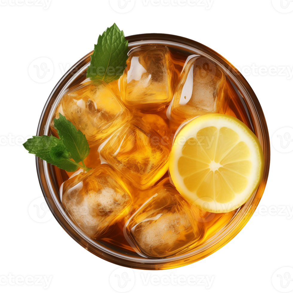 AI generated glass of iced lemon tea isolated on a transparent background, top view png