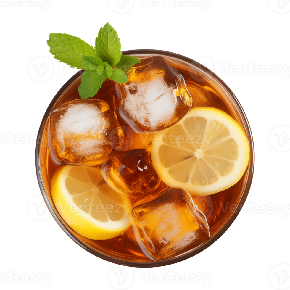 AI generated glass of iced lemon tea isolated on a transparent background, top view png