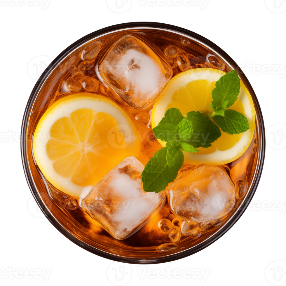 AI generated glass of iced lemon tea isolated on a transparent background, top view png