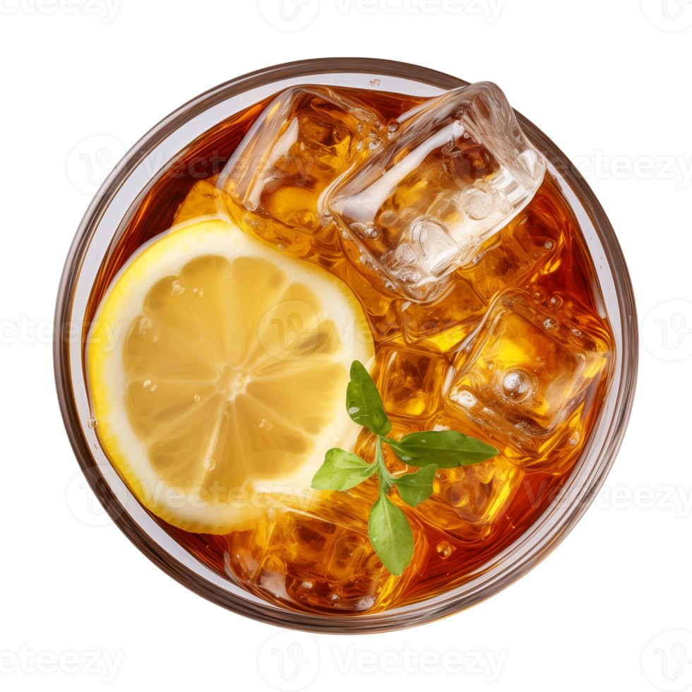 AI generated glass of iced lemon tea isolated on a transparent background, top view png