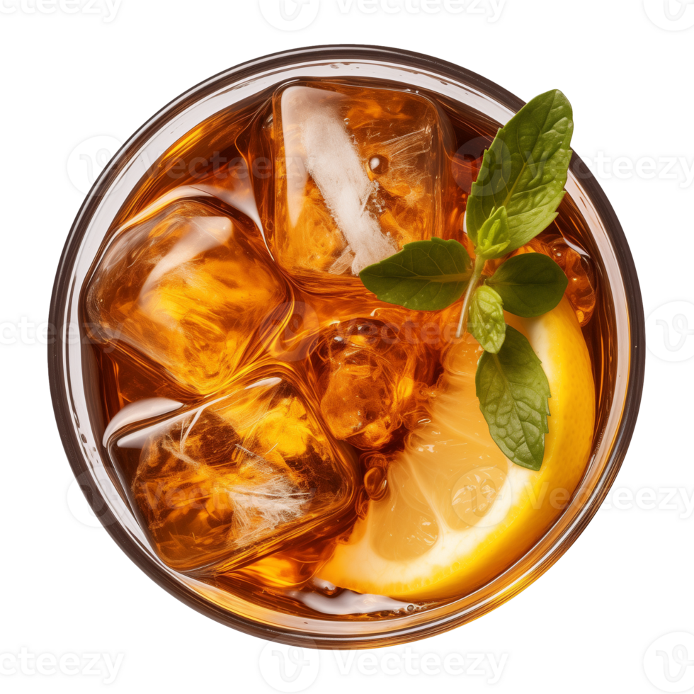 AI generated glass of iced lemon tea isolated on a transparent background, top view png