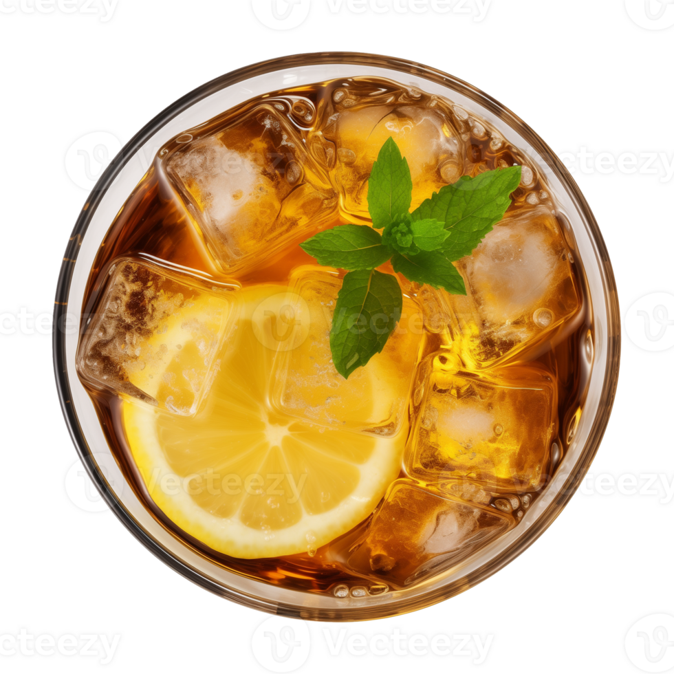AI generated glass of iced lemon tea isolated on a transparent background, top view png