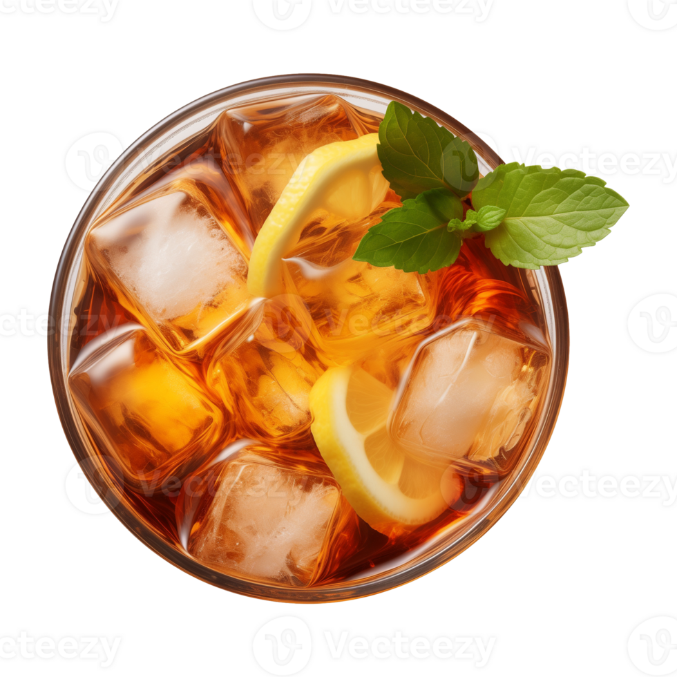 AI generated glass of iced lemon tea isolated on a transparent background, top view png