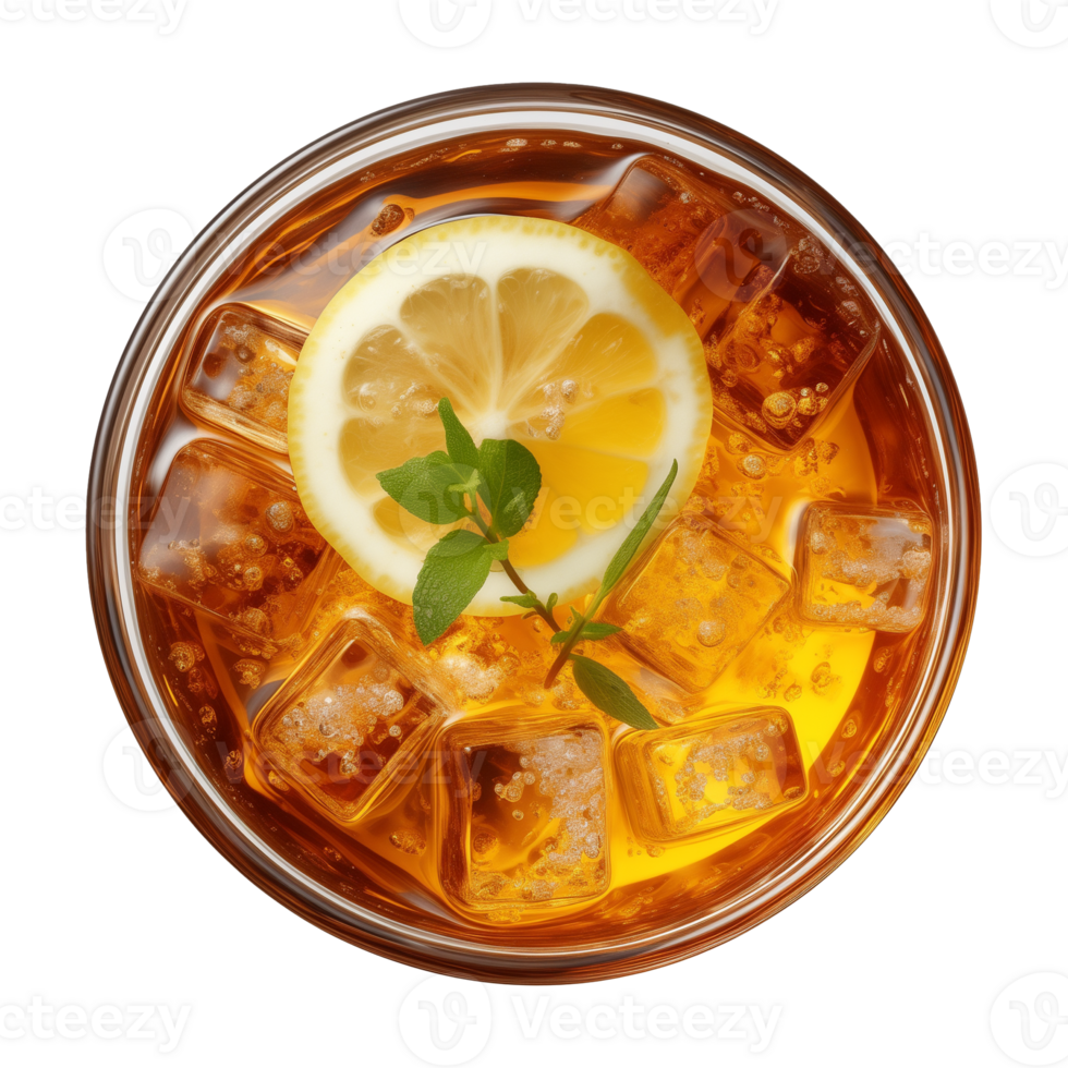 AI generated glass of iced lemon tea isolated on a transparent background, top view png