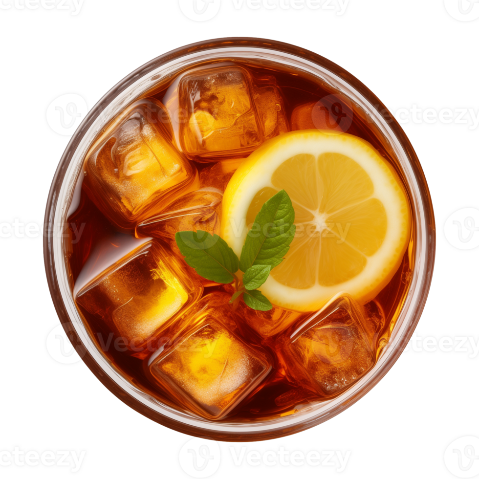 AI generated glass of iced lemon tea isolated on a transparent background, top view png