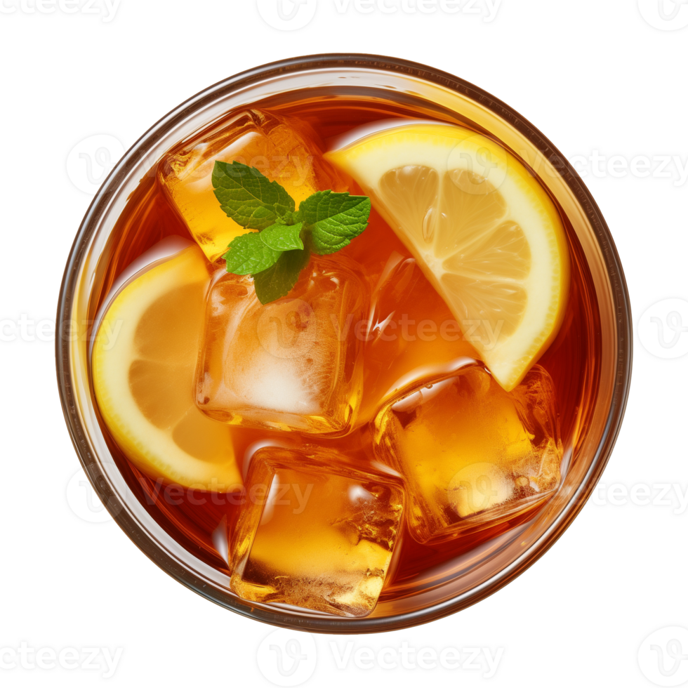 AI generated glass of iced lemon tea isolated on a transparent background, top view png