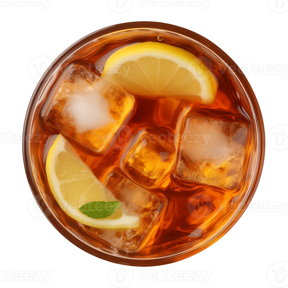 AI generated glass of iced lemon tea isolated on a transparent background, top view png