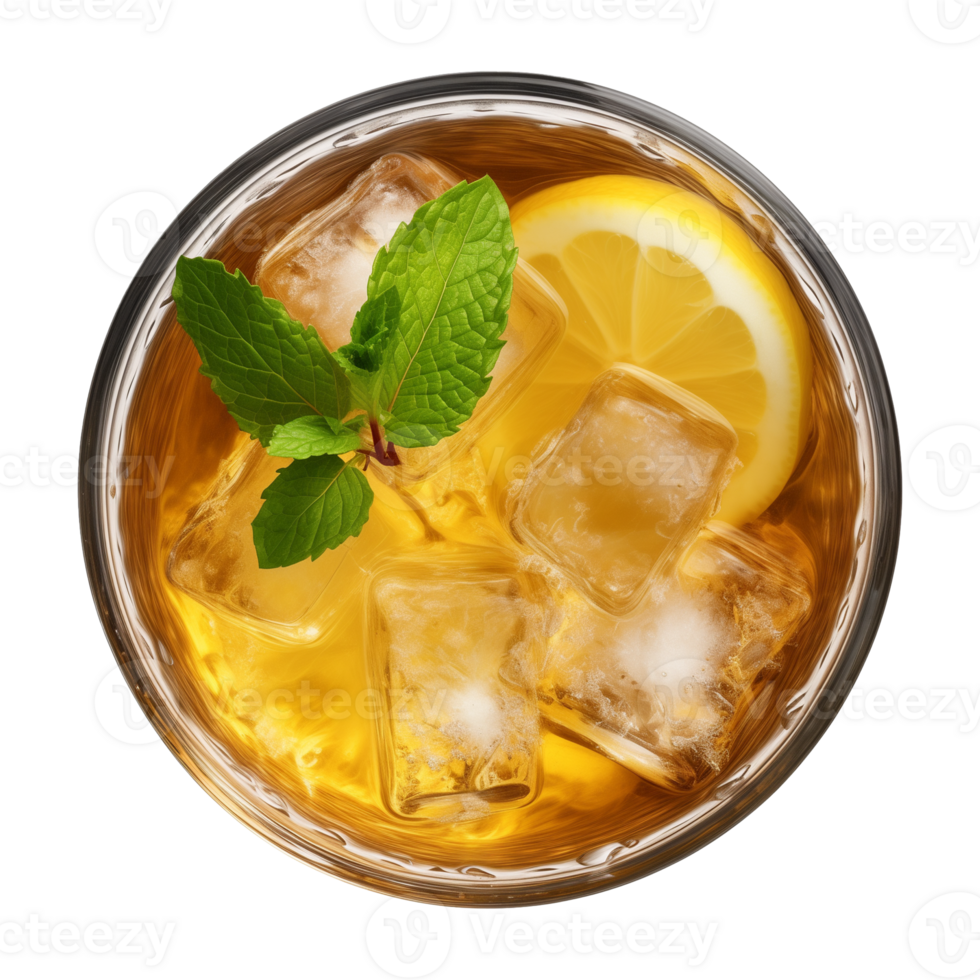AI generated glass of iced lemon tea isolated on a transparent background, top view png