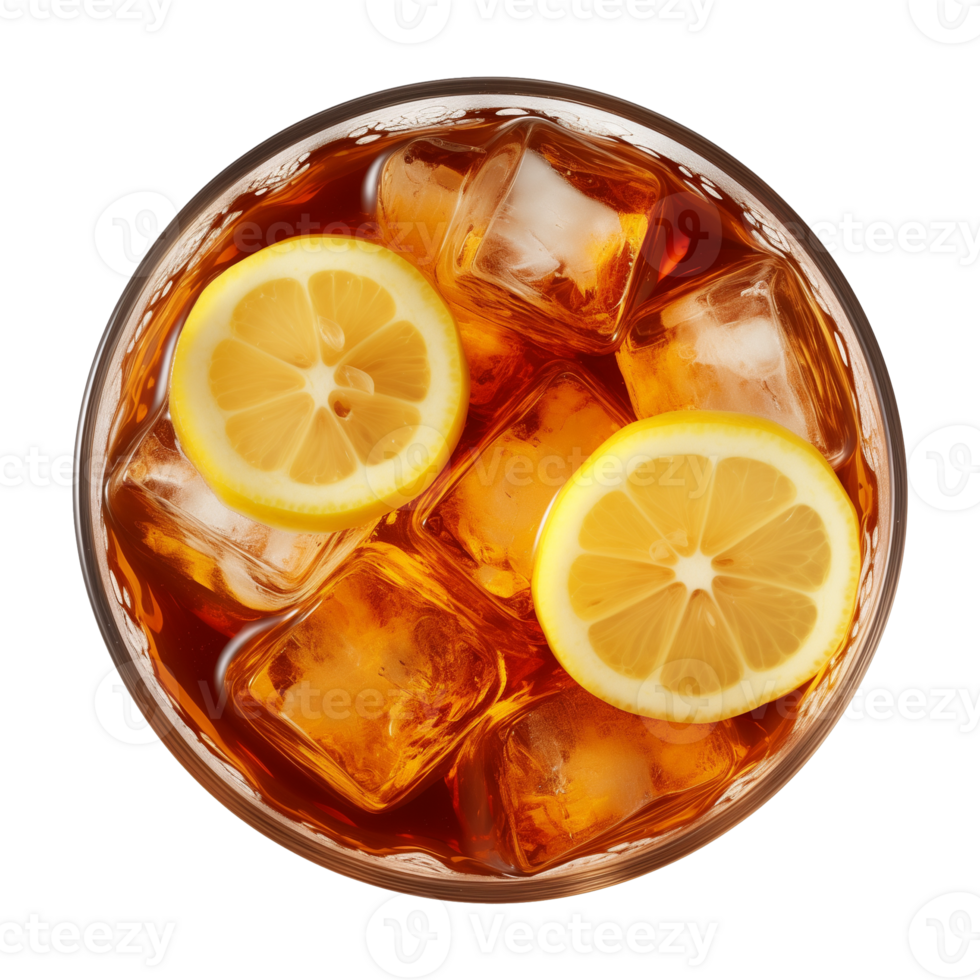 AI generated glass of iced lemon tea isolated on a transparent background, top view png