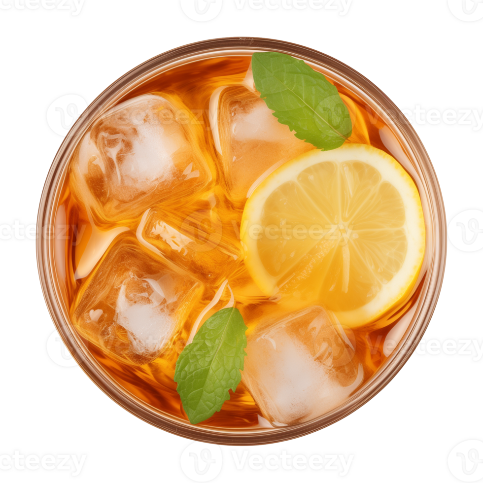 AI generated glass of iced lemon tea isolated on a transparent background, top view png