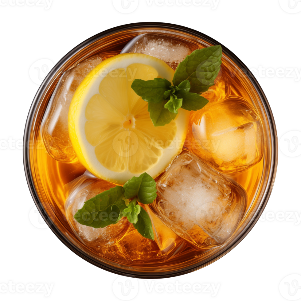 AI generated glass of iced lemon tea isolated on a transparent background, top view png