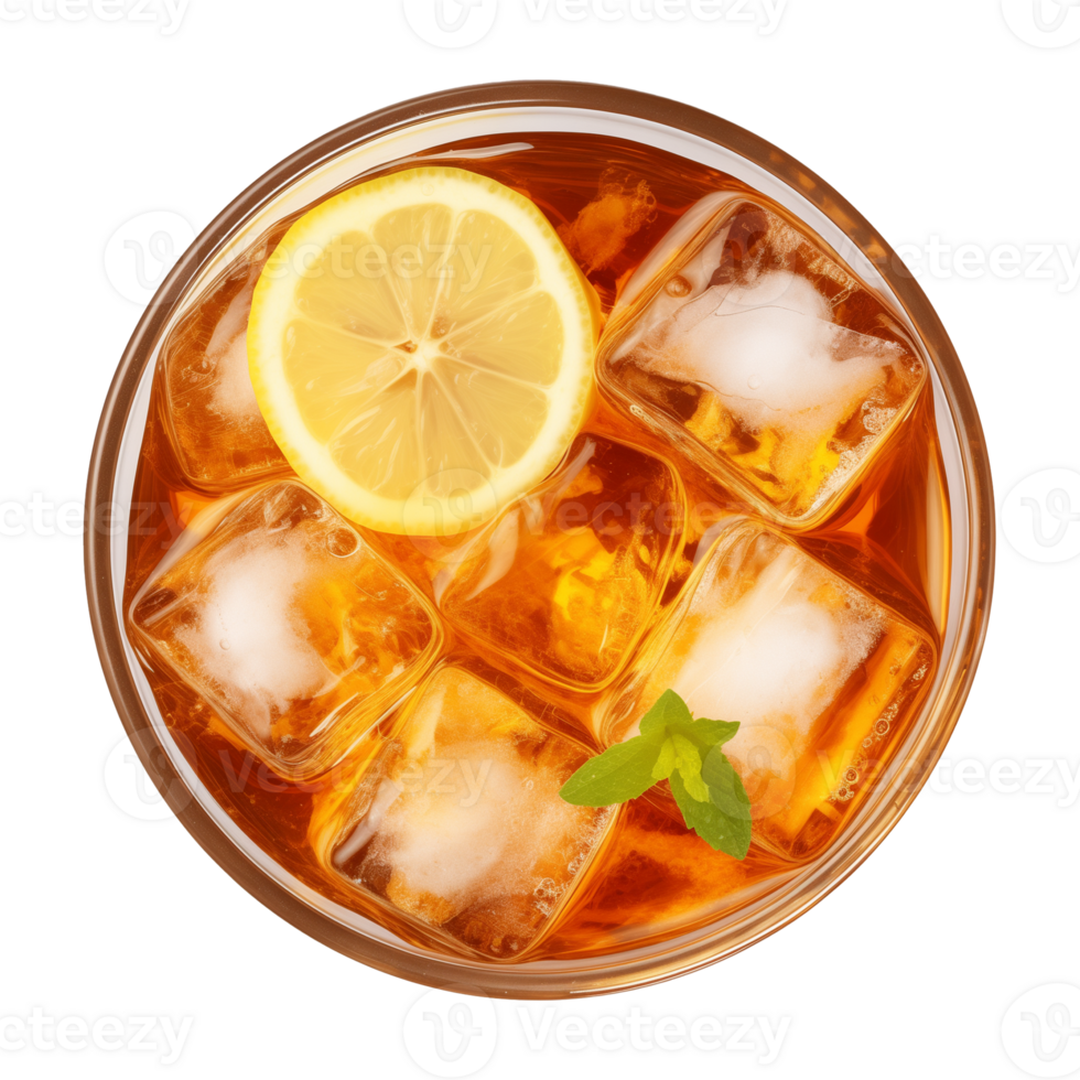 AI generated glass of iced lemon tea isolated on a transparent background, top view png