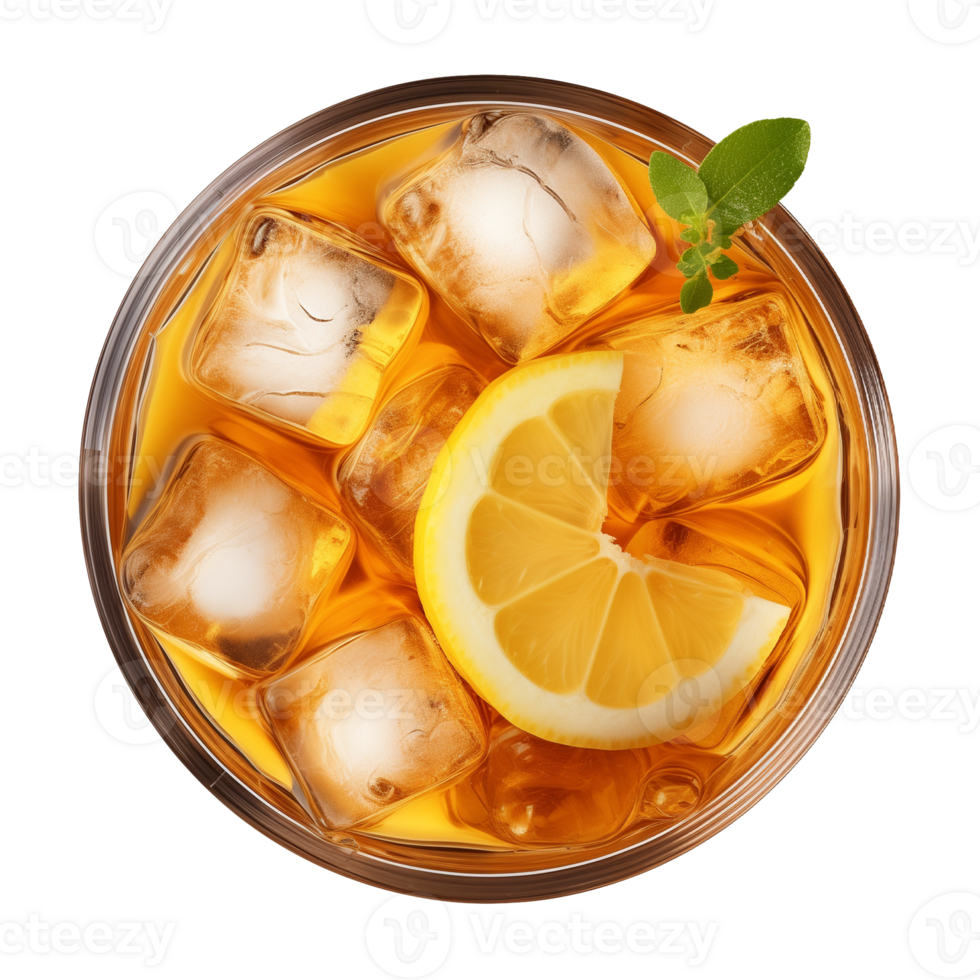 AI generated glass of iced lemon tea isolated on a transparent background, top view png
