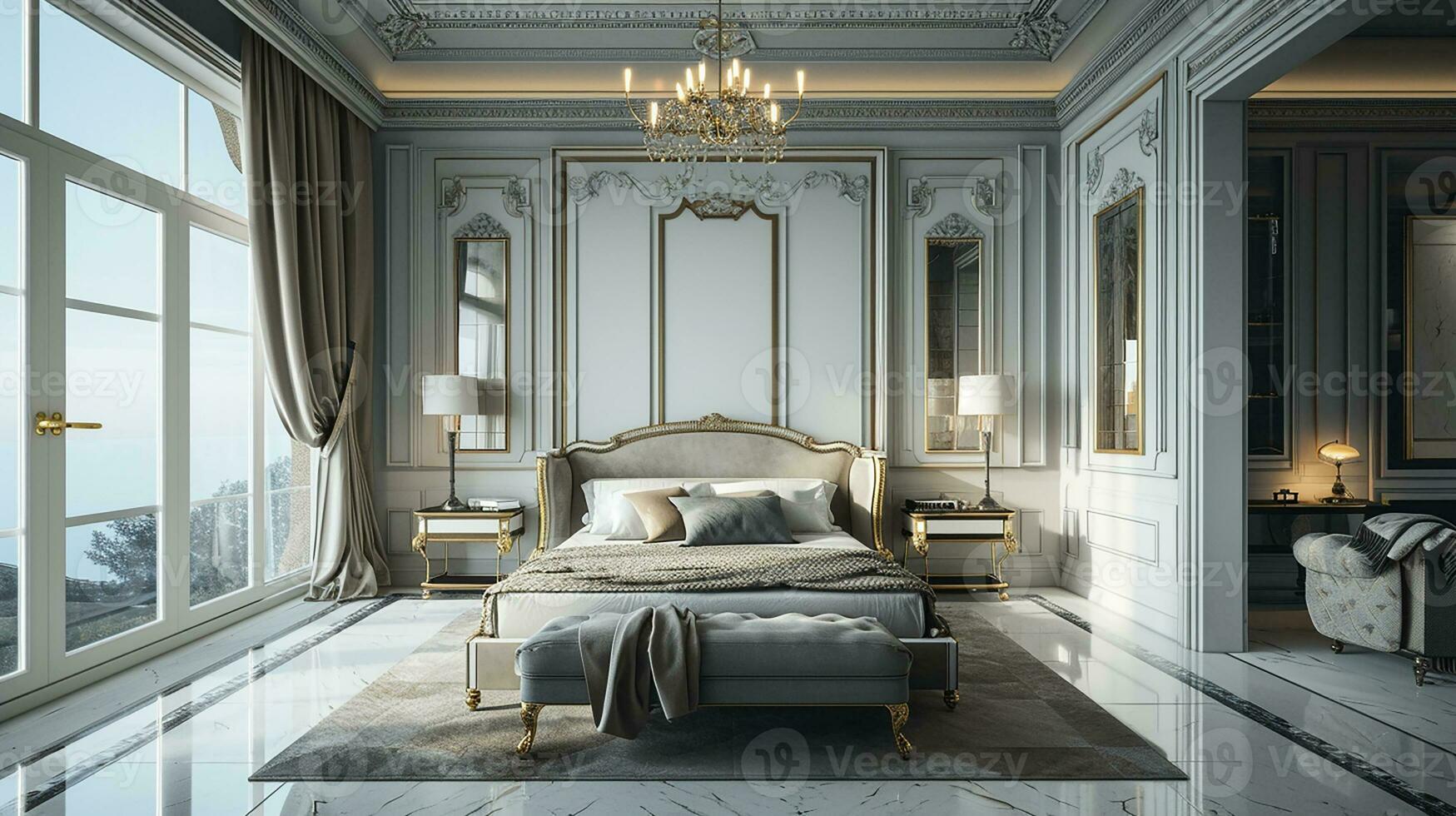 AI generated Bedroom interior design minimal aesthetic 3d rendered photo