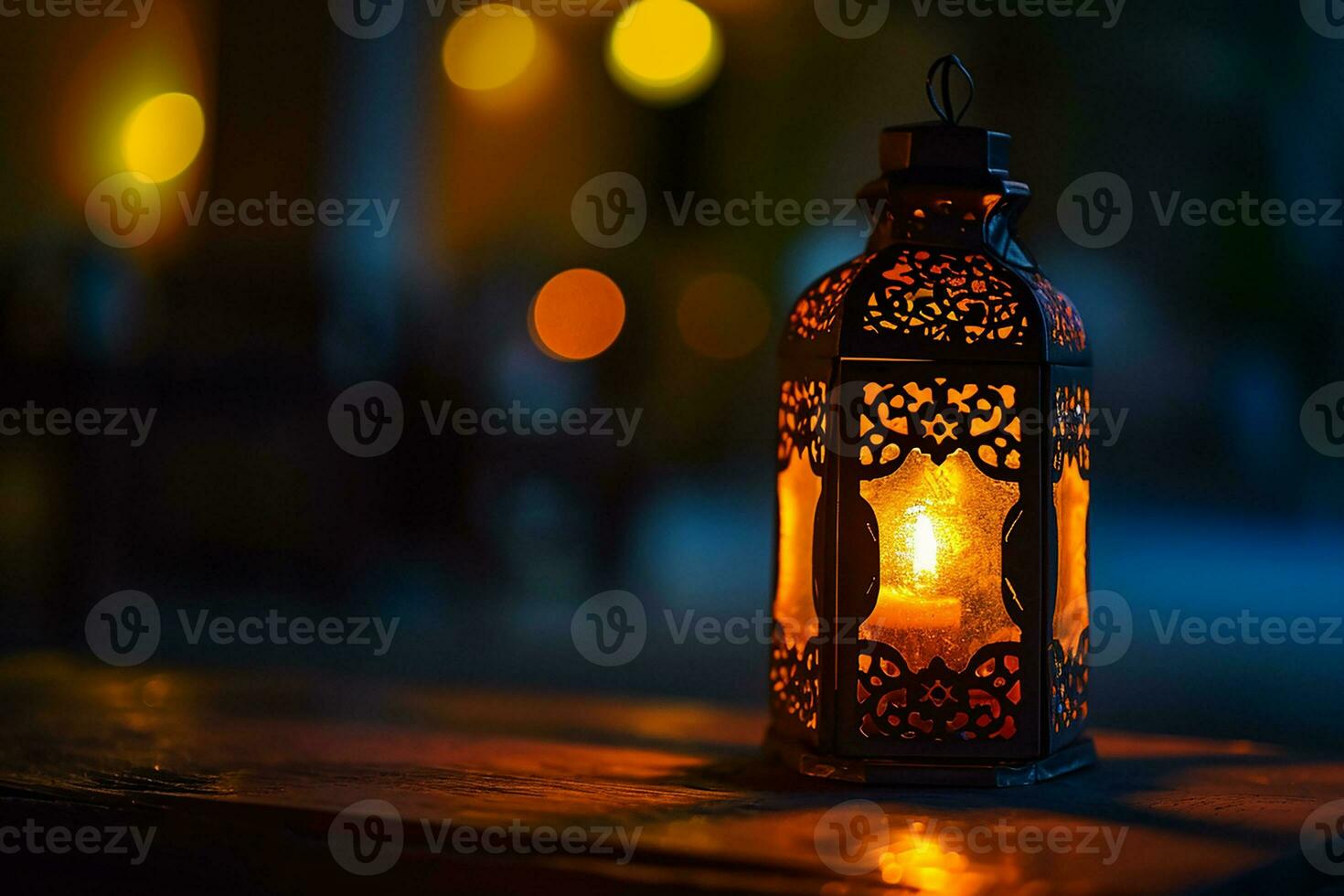 AI generated Ornamental Arabic lanterns. Glittering golden bokeh lights on the table photo