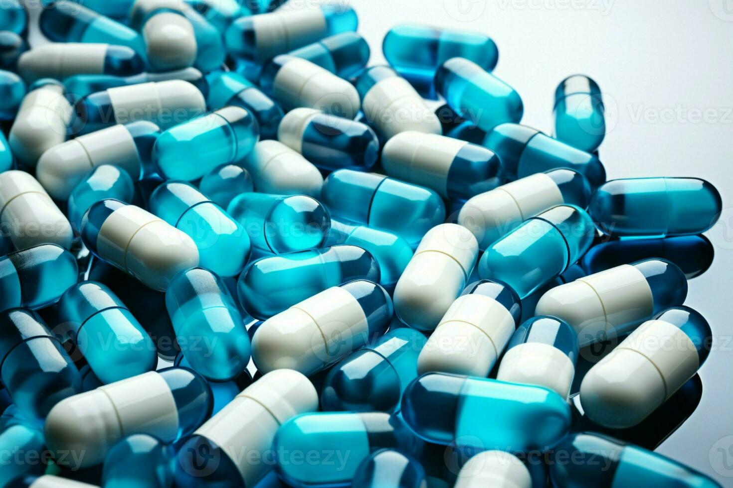 AI generated Antibiotic visuals Blue white capsules on white, healthcare and drug resistance photo