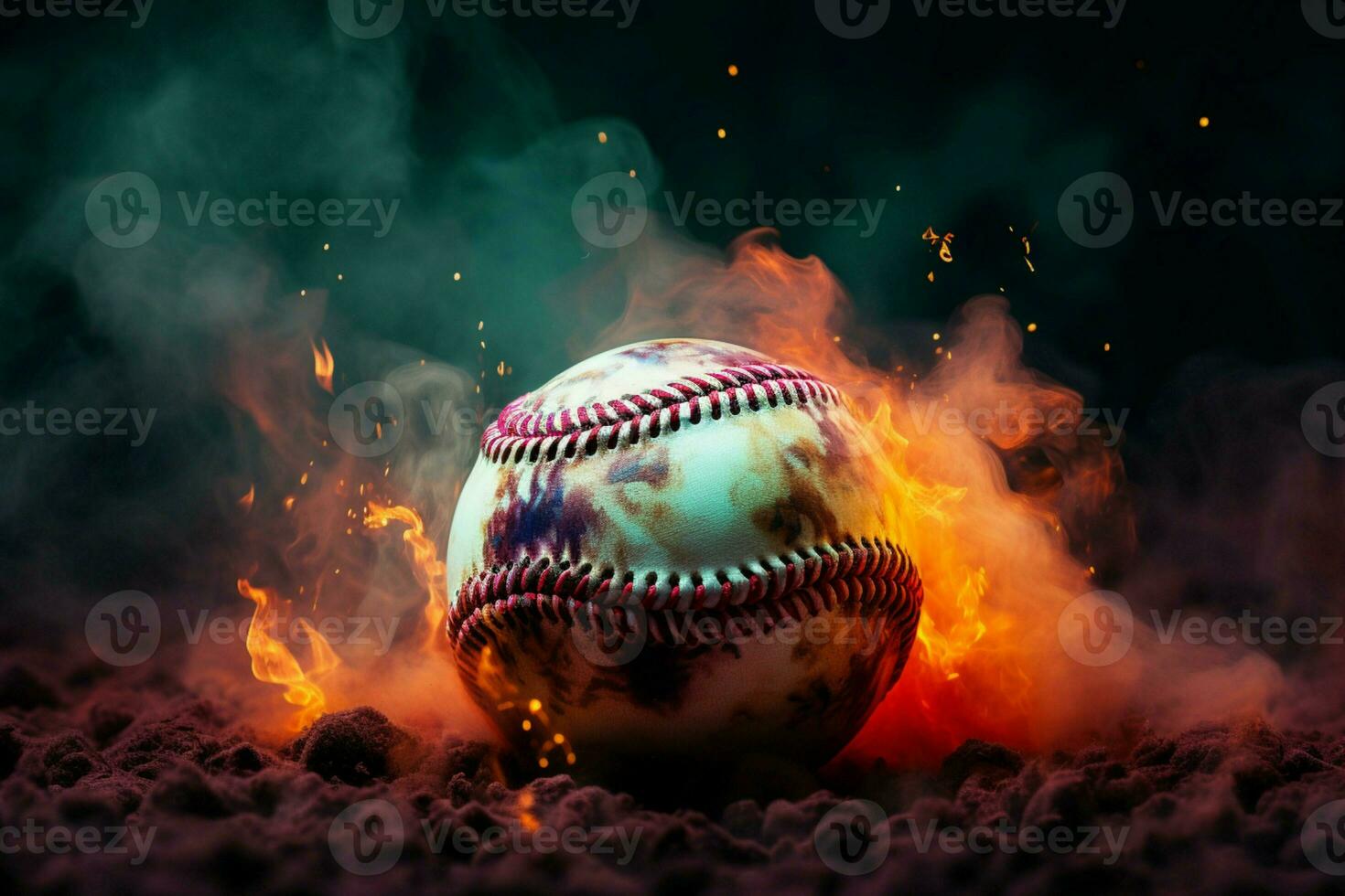 AI generated Mysterious ambiance Colorful baseball pops in a smoky, dramatic setting photo