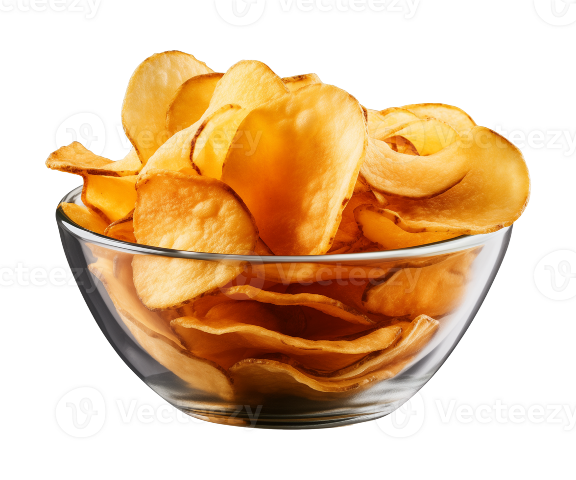 AI generated potato chips in a bowl isolated on a transparent background png