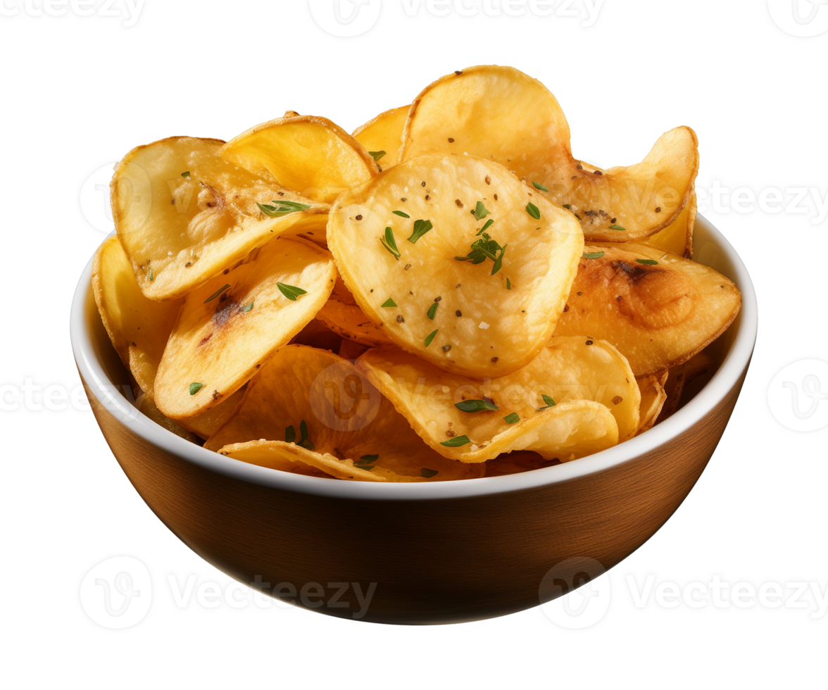 AI generated potato chips in a bowl isolated on a transparent background png