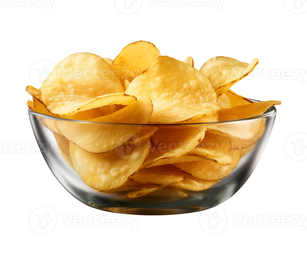 AI generated potato chips in a bowl isolated on a transparent background png