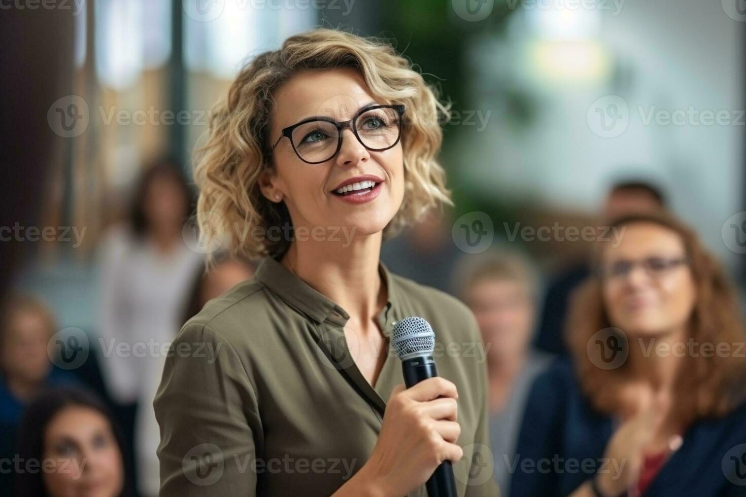 AI generated Female speaker giving a talk on corporate business conference. Unrecognizable people in audience at conference hall. Business and Entrepreneurship event photo