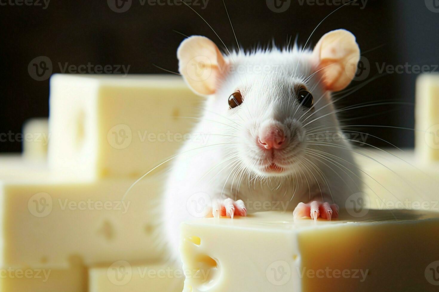 AI generated Copy space delight Close up of a white rat with cheese photo