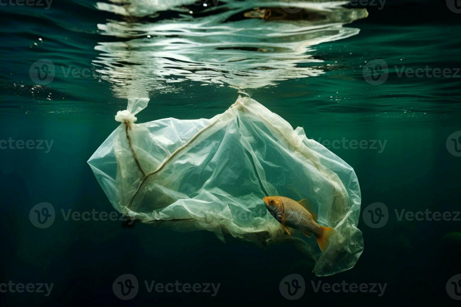 AI generated Ocean impact Plastic bag detrimentally found under the sea surface photo
