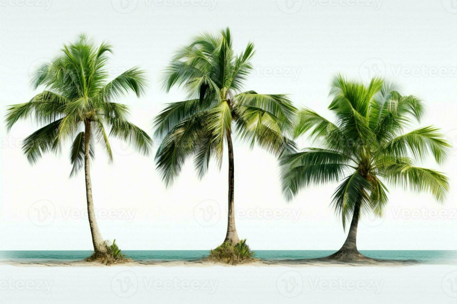 AI generated Tropical tranquility Coconut trees isolated on a serene white backdrop photo