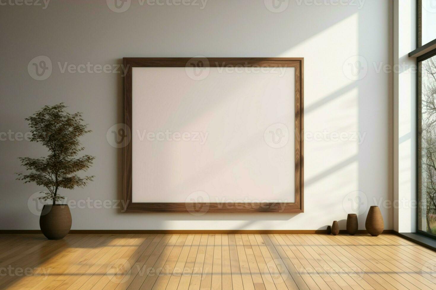 AI generated Frame perfection Mockup with large wooden frame on parquet floor photo