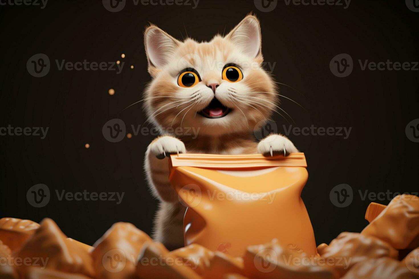 AI generated Cartoon style 3D rendering of delightful cat on pet food packaging photo